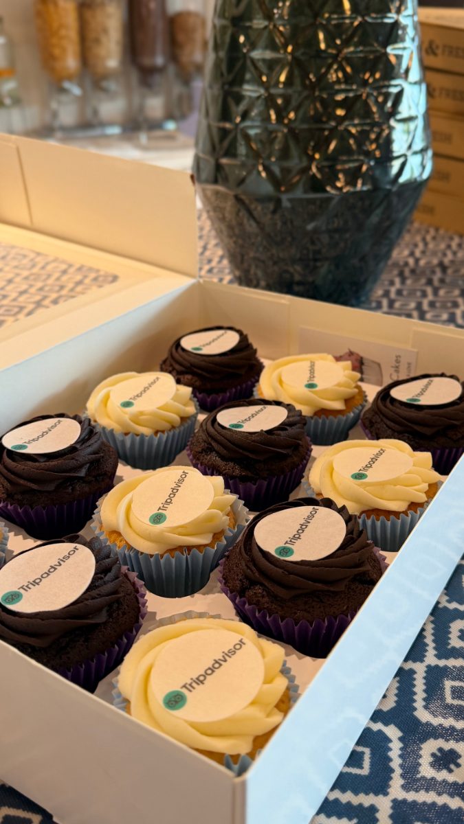 Tripadvisor-branded cupcakes provided for guests at the DevTechTalks event in Oxford.