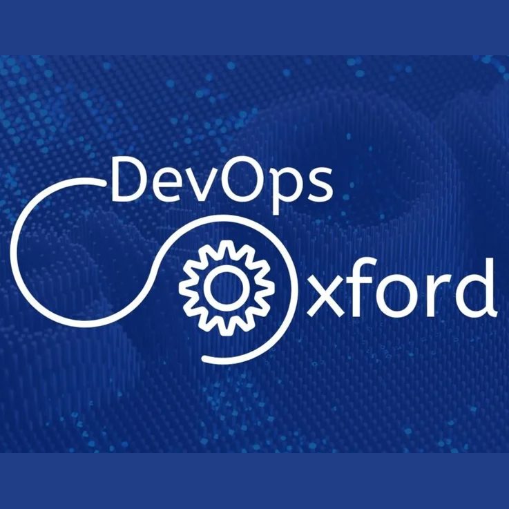 DevOps Oxford community logo: an infinity loop with a gear, on a blue background